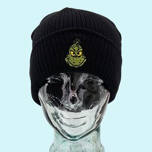 Grinch Hat Beanie Black Cuffed Knit Embroidered Christmas Bioworld Gift Holiday